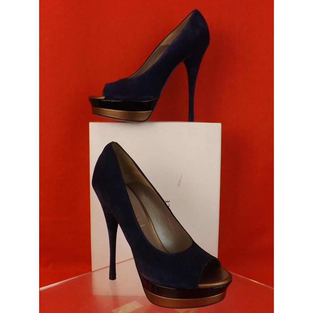 VERSACE PURPLE SUEDE BLACK PATENT BRONZE DOUBLE PLATFORM PUMPS 40 $895 ITALY